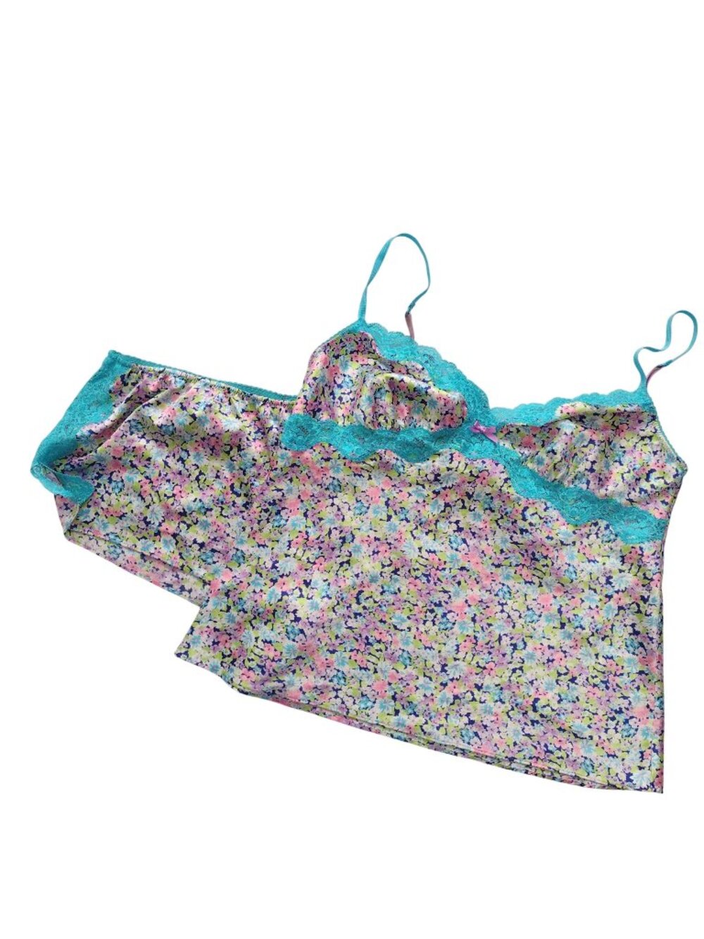 Victoria's Secret Satin Sleep Set L Floral Lacy Tank Tap Pants Nightie PJs
